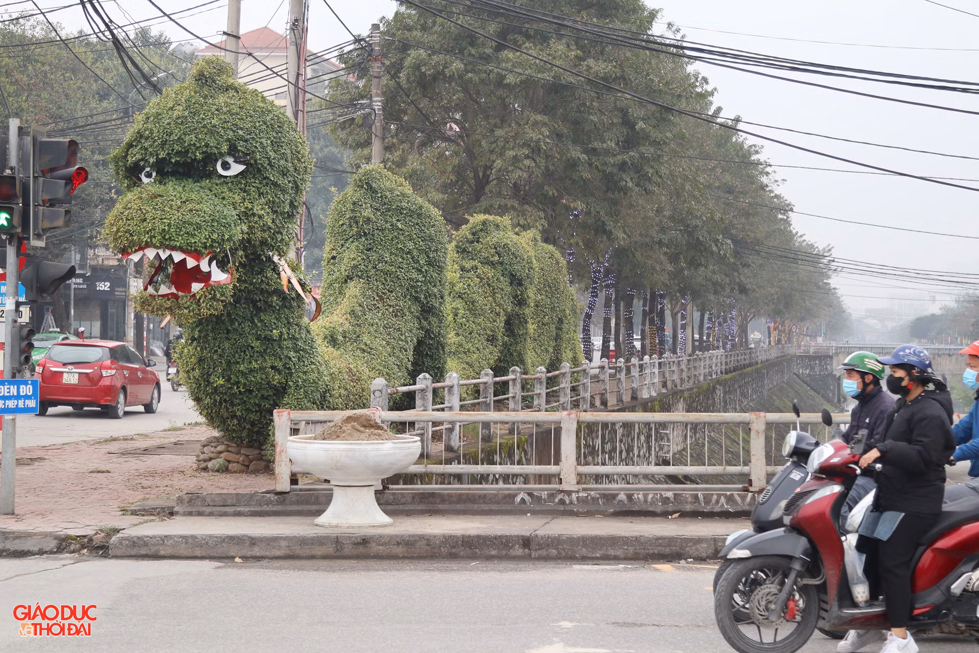 Trước đó, hình tượng 2 con rồng bằng cây cảnh ở TP Vinh bị nhiều người đánh giá không có tính thẩm mỹ. Tuy nhiên, 2 con rồng này đã tồn tại từ hơn 10 năm trước, được đơn vị quản lý cắt tỉa lại để đón Tết. (Ảnh: Phạm Tâm)
