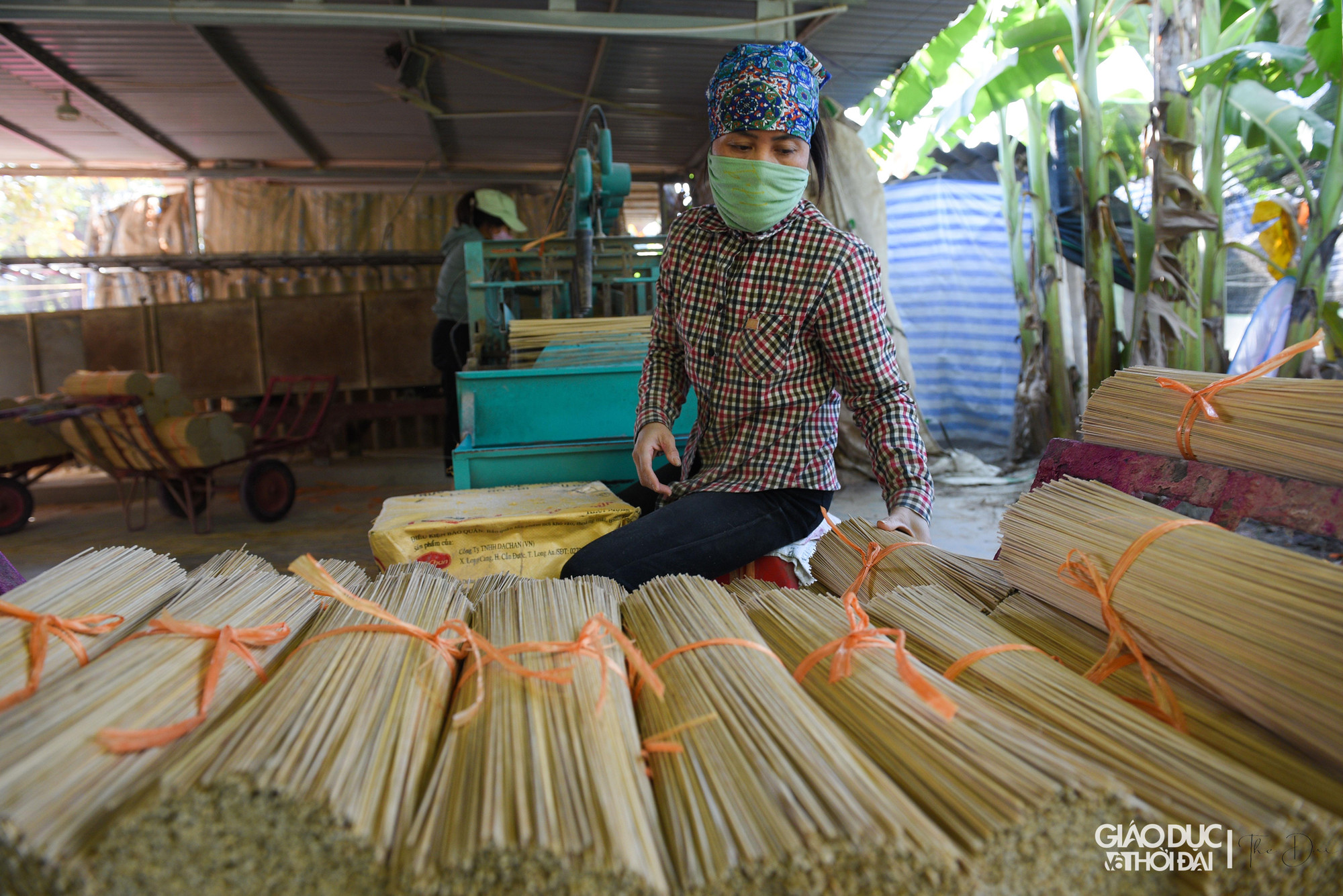 Sau đó cho vầu vào máy chẻ và thành phẩm là những que tăm hương đều tăm tắp. Với hơn 10 nhân công làm việc cật lực, mỗi ngày, trung bình xưởng của ông Long sản xuất được 7-8 tấn chân hương, ngày nhiều thì được 10 tấn.