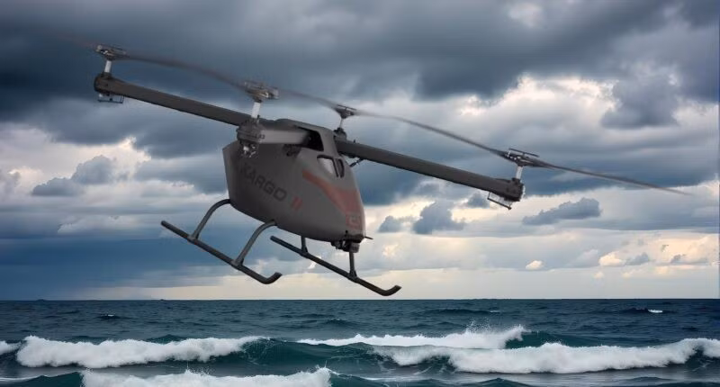 Một máy bay UAV Piasecki KARGO II bay thấp trên vùng biển động dưới bầu trời nhiều mây. Ảnh: Piasecki Aircraft