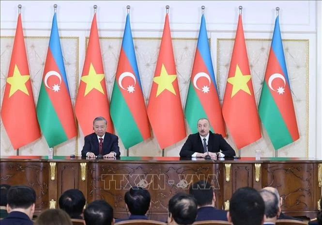 Tổng Bí thư Tô Lâm và Tổng thống Azerbaijan Ilham Aliyev họp báo chung, thông báo kết quả hội đàm. Ảnh: Thống Nhất/TTXVN 