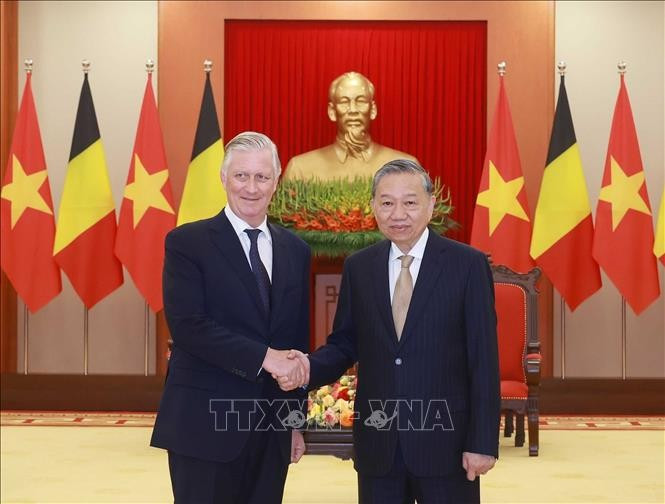 Tổng Bí thư Tô Lâm hội kiến Nhà vua Bỉ Philippe. Ảnh: Thống Nhất/TTXVN 
