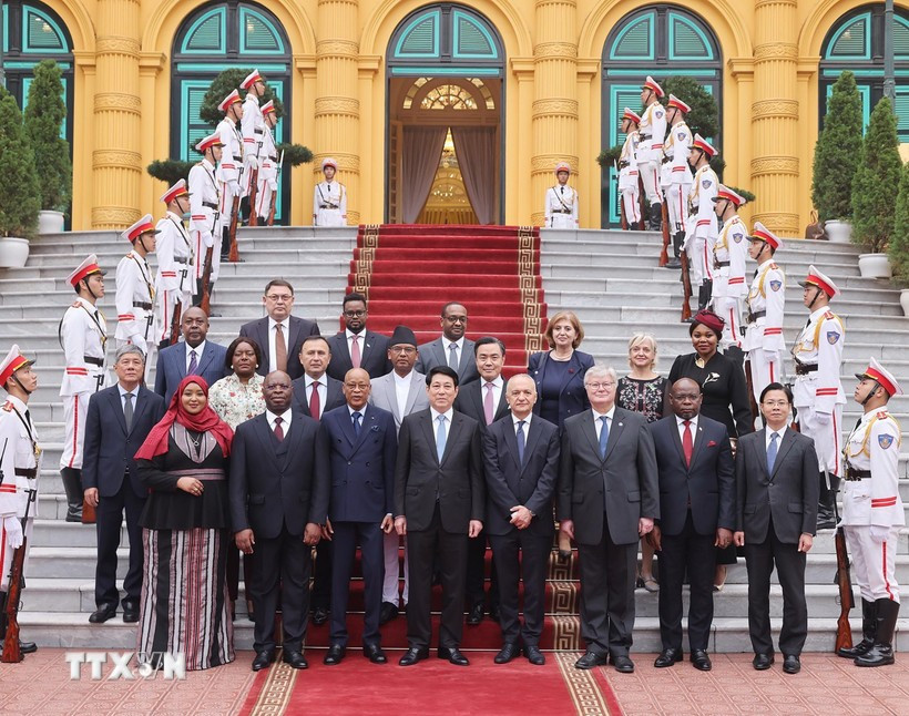 Chủ tịch nước Lương Cường với các Đại sứ đến trình Quốc thư. (Ảnh: Lâm Khánh/TTXVN)