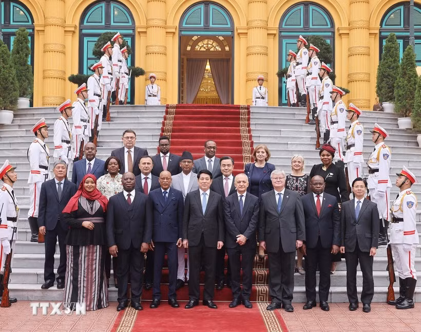 Chủ tịch nước Lương Cường với các Đại sứ đến trình Quốc thư. (Ảnh: Lâm Khánh/TTXVN)