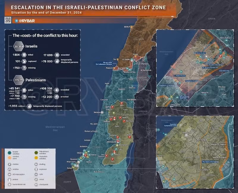 Bản đồ xung đột Israel-Hamas ngày 31/12/2024. (Ảnh: Rybar) 