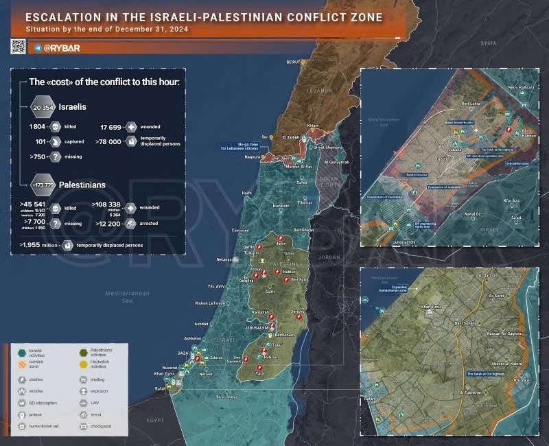 Bản đồ xung đột Israel-Hamas ngày 31/12/2024. (Ảnh: Rybar) 