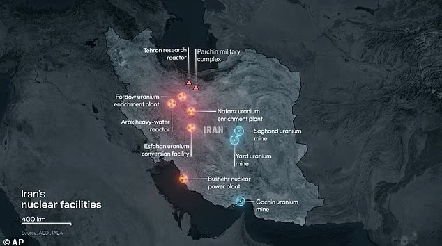 Bản đồ các cơ sở hạt nhân của Iran. Thủ tướng Israel Benjamin Netanyahu cho biết đây là mục tiêu chính của Lực lượng phòng vệ Israel. nguoi-iran-lo-so-gian-du-voi-doi-tien-truoc-con-cuong-no-tu-israel-2.jpg