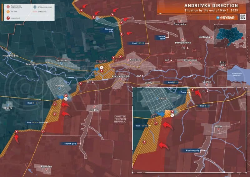 Bản đồ chiến sự Ukraine ngày 1/5/2025, hướng Andriivka. (Ảnh: Rybar) hoa-luc-don-dap-o-avdeevka-pha-huy-khu-vuc-lap-tau-khong-nguoi-lai-2.jpg