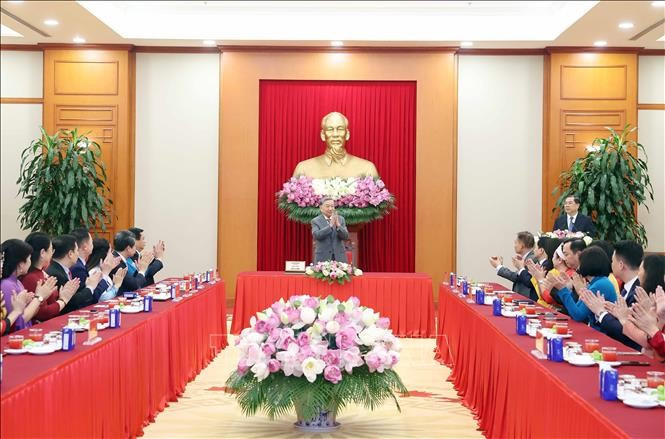 Tổng Bí thư Tô Lâm chủ trì buổi gặp mặt. (Ảnh: Thống Nhất/TTXVN)