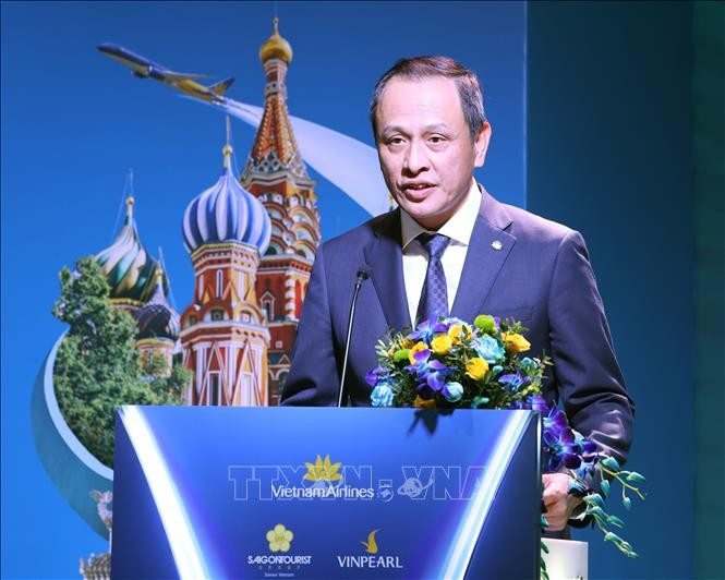 Tổng Giám đốc hãng hàng không Vietnam Airlines Lê Hồng Hà phát biểu. (Ảnh: Thống Nhất/TTXVN) tong-bi-thu-to-lam-du-le-cong-bo-duong-bay-thang-ha-noi-moskva-tai-nga-2.jpg