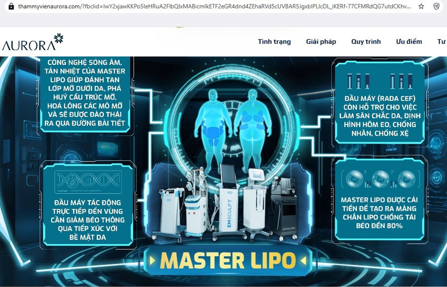 Quảng cáo về công nghệ giảm mỡ tại website thammyvienaurora.com.( Ảnh chụp màn hình ngày 9/5) tmv-quoc-te-aurora-tu-van-dich-vu-giam-beo-di-ve-sinh-la-thay-ra-mo1.jpg