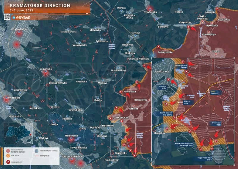 Bản đồ chiến sự Ukraine ngày 3/6/2025, hướng Kramatorsk. (Ảnh: Rybar) hoa-luc-tan-cong-142-muc-tieu-pha-9-kho-dan-va-8-tram-tac-chien-2.jpg