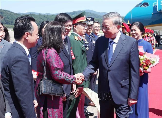 Cán bộ, nhân viên Đại sứ quán và cộng đồng người Việt Nam tại Hàn Quốc đón Tổng Bí thư Tô Lâm và Phu nhân ở Sân bay quân sự Seongnam. (Ảnh: Thống Nhất/TTXVN) tong-bi-thu-to-lam-va-phu-nhan-bat-dau-tham-cap-nha-nuoc-dai-han-dan-quoc-3.jpg