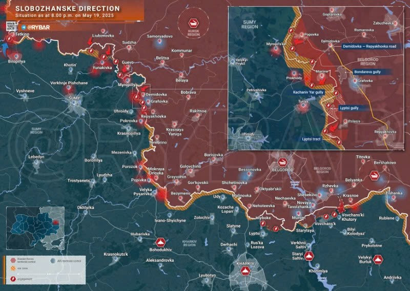 Bản đồ chiến sự Ukraine ngày 19/5/2025, hướng Slobozhanske. (Ảnh: Rybar) hoa-luc-danh-sap-loat-kho-dan-duoc-va-vat-tu-kiem-soat-them-2-lanh-tho-moi.jpg