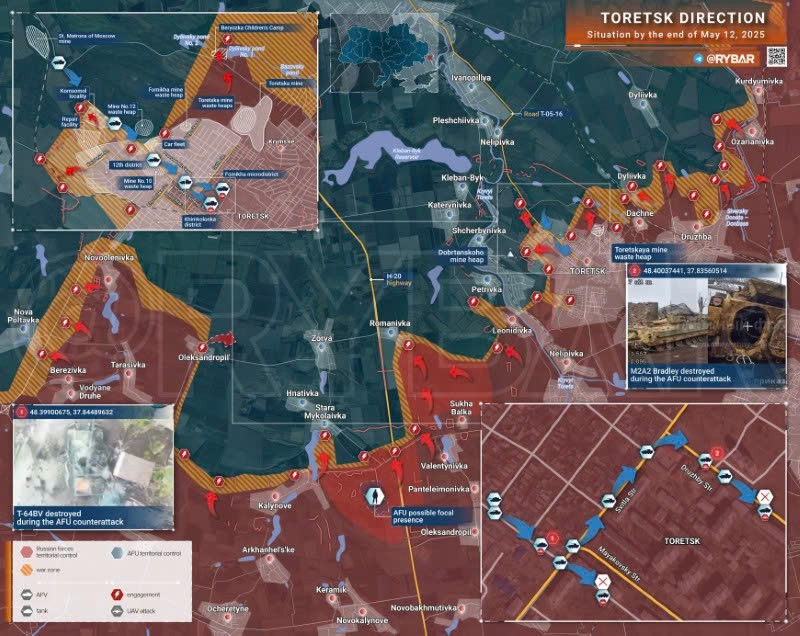 Bản đồ chiến sự Ukraine ngày 12/5/2025, hướng Toretsk. (Ảnh: Rybar) hoa-luc-xoa-so-57-xe-co-gioi-va-3-tram-tac-chien-dien-tu.jpg