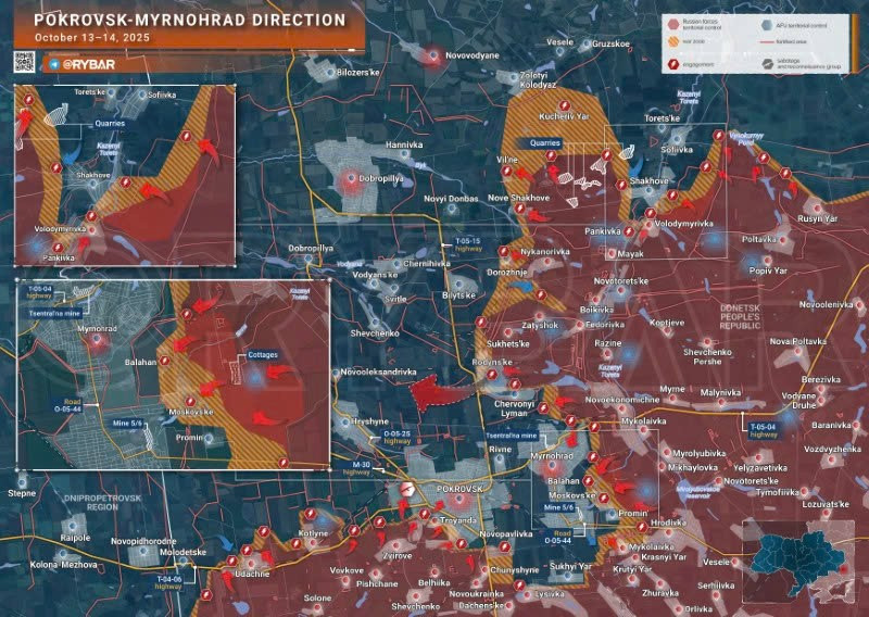 Bản đồ chiến sự Ukraine ngày 14/10/2025, hướng Pokrovsk-Myrnohrad. (Ảnh: Rybar) ban-do-chien-su-3.jpg
