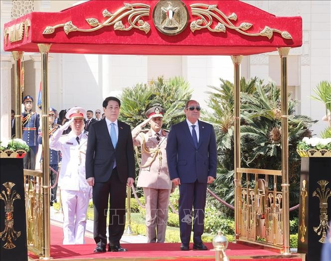 Tổng thống Ai Cập Abdel Fattah El-Sisi và Chủ tịch nước Lương Cường trên bục danh dự nghe quân nhạc cử Quốc thiều hai nước. (Ảnh: Lâm Khánh/TTXVN) le-don-chu-tich-nuoc-luong-cuong-tham-cap-nha-nuoc-cong-hoa-arab-ai-cap-3.jpg
