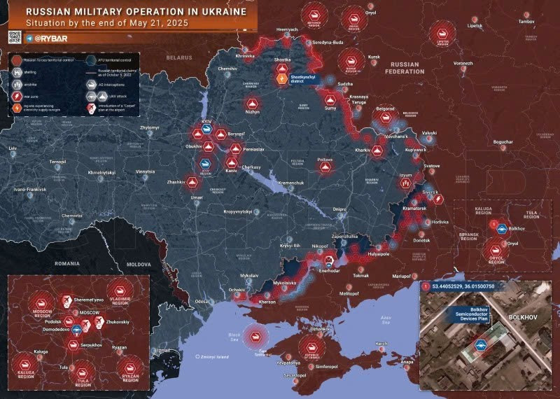 Bản đồ chiến sự Ukraine ngày 21/5/2025. (Ảnh: Rybar) tap-kich-trai-huan-luyen-pha-huy-loat-khi-tai-ban-roi-236-uav.jpg