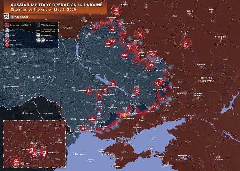 Bản đồ chiến sự Ukraine ngày 5/5/2025. (Ảnh: Rybar) don-pha-huy-be-phong-himars-tan-cong-khu-vuc-trien-khai-linh-danh-thue.jpg