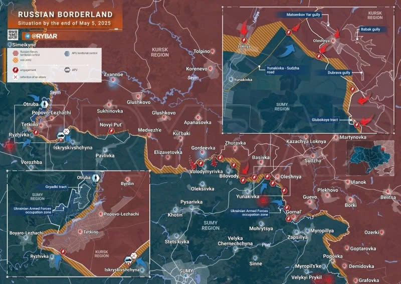 Bản đồ chiến sự Ukraine ngày 5/5/2025, khu vực biên giới Kursk. (Ảnh: Rybar) don-pha-huy-be-phong-himars-tan-cong-khu-vuc-trien-khai-linh-danh-thue-2.jpg