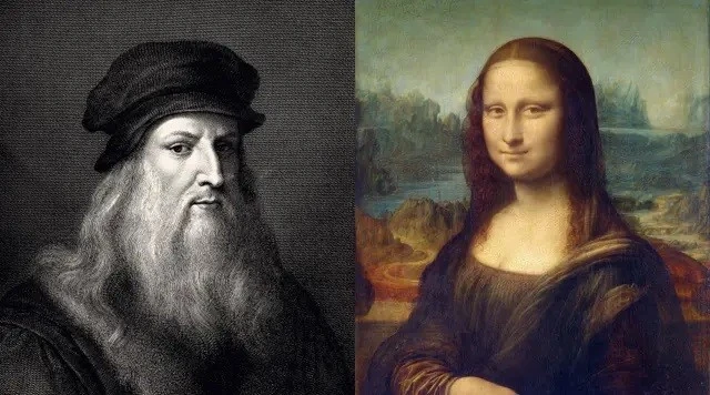 Bên trái: Chân dung Leonardo Da Vinci được James R. Osgood and Company khắc và xuất bản năm 1877; Bên phải: Bức tranh Mona Lisa.