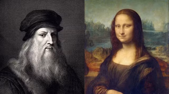 Bên trái: Chân dung Leonardo Da Vinci được James R. Osgood and Company khắc và xuất bản năm 1877; Bên phải: Bức tranh Mona Lisa.