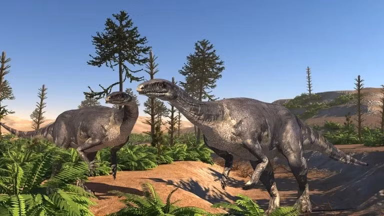 Hai cá thể Plateosaurus trong vùng đất khô cằn vào cuối kỷ Trias.