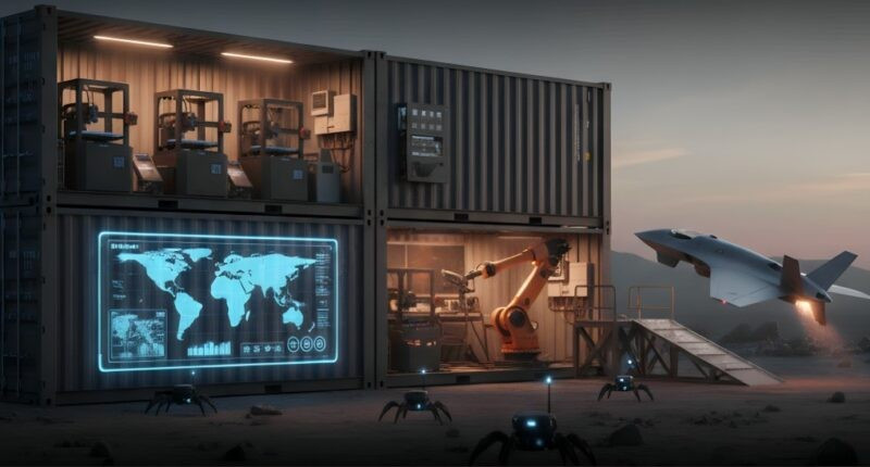 Hình minh họa về Đơn vị Container Chế tạo Nhanh được triển khai, cho thấy máy in 3D công nghiệp, máy lắp ráp robot và máy bay cất cánh lúc chạng vạng. Ảnh: DBZ