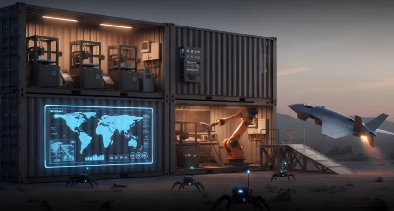 Hình minh họa về Đơn vị Container Chế tạo Nhanh được triển khai, cho thấy máy in 3D công nghiệp, máy lắp ráp robot và máy bay cất cánh lúc chạng vạng. Ảnh: DBZ