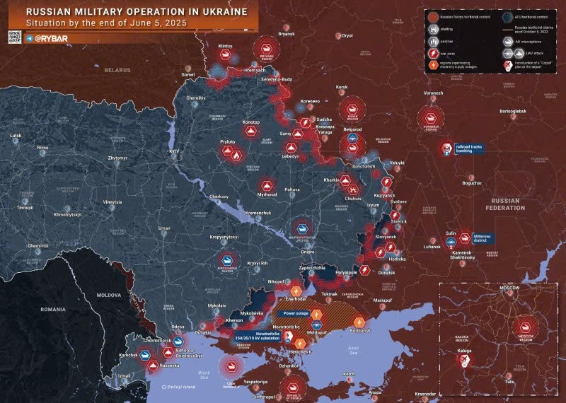 Bản đồ chiến sự Ukraine ngày 5/6/2025. (Ảnh: Rybar) hoa-luc-pha-tan-12-kho-dan-ha-154-uav-tan-cong-noi-tap-ket-linh-danh-thue.jpg
