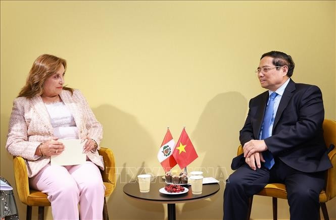 Thủ tướng Phạm Minh Chính gặp Tổng thống Peru Dina Ercilia Boluarte Zegarra. (Ảnh: Dương Giang/TTXVN) thu-tuong-pham-minh-chinh-hoi-kien-tong-thong-peru-dina-boluarte-2.jpg