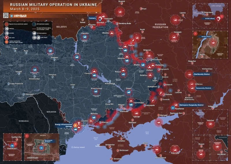 Bản đồ chiến sự Ukraine ngày 9/3/2025. (Ảnh: Rybar) giao-tranh-khoc-liet-o-kursk-he-thong-himars-trung-hoa-luc-o-kherson.jpg