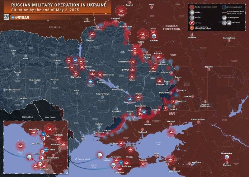 Bản đồ chiến sự Ukraine ngày 2/5/2025. (Ảnh: Rybar) hoa-luc-xoa-so-13-xe-tang-58-xe-dan-ban-roi-su-27-va-1306-uav-1.jpg