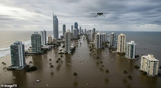 Với tốc độ nhanh hơn 160km/h, các thành phố ở Bắc Úc, chẳng hạn như Gold Coast (ảnh AI), sẽ bị nhấn chìm hoàn toàn. trai-dat-quay-nhanh-hon-dau-hieu-tan-the-bat-dau-tu-nhung-ngay-ngan-nhat-4.jpg