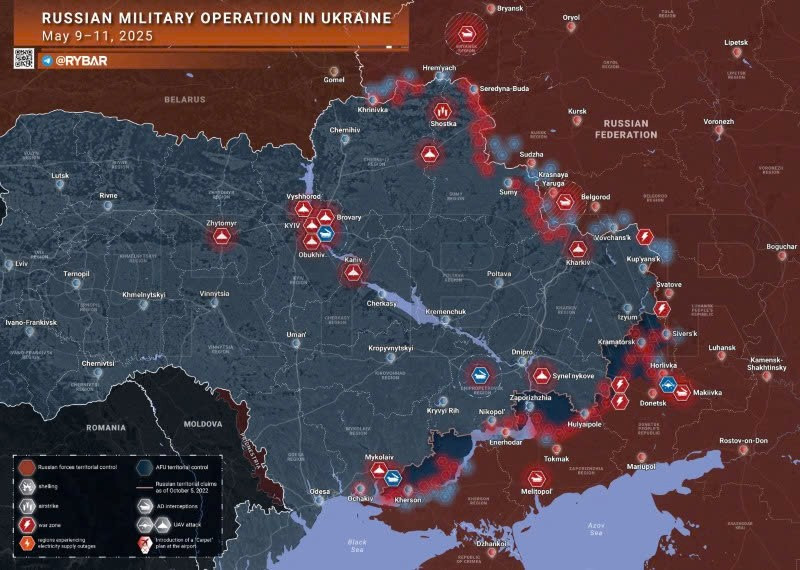 Bản đồ chiến sự Ukraine ngày 9-11/5/2025. (Ảnh: Rybar) ghi-nhan-hon-14000-vu-vi-pham-lenh-ngung-ban-tan-cong-co-so-sua-chua-may-bay.jpg