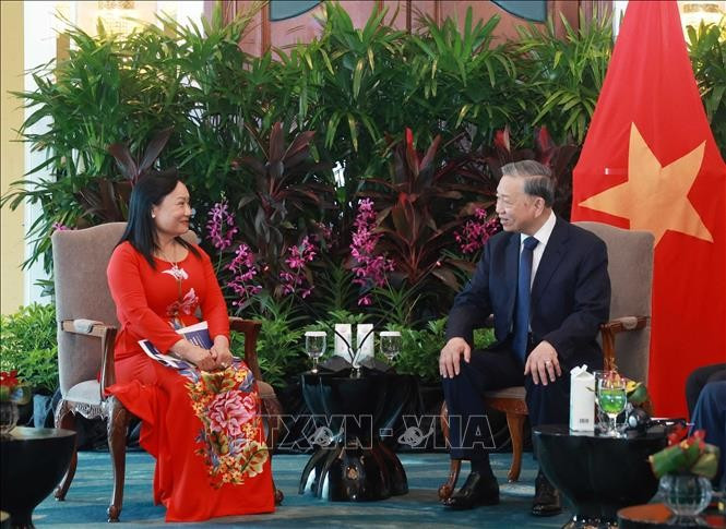 Tổng Bí thư Tô Lâm tiếp bà Trần Thị Lâm, Cố vấn Shangri-La Healthcare Investment, Đồng sáng lập Công ty TNHH Y tế Hoa Lâm Shangri-La. (Ảnh: Thống Nhất/TTXVN) tong-bi-thu-to-lam-tiep-lanh-dao-mot-so-tap-doan-doanh-nghiep-singapore-11.jpg