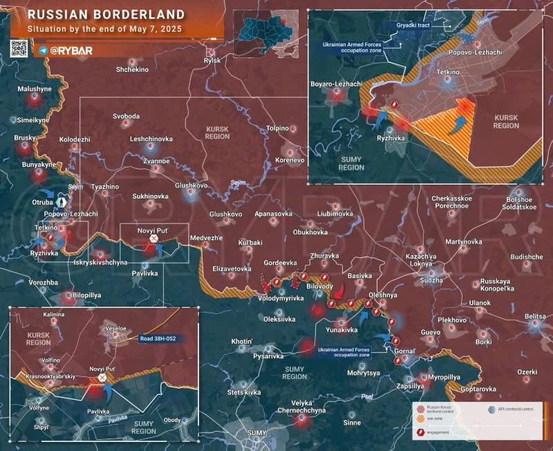 Bản đồ chiến sự Ukraine ngày 7/5/2025, khu vực biên giới Kursk. (Ảnh: Rybar) xoa-so-be-phong-himars-va-loat-xe-chien-dau-ban-roi-524-uav-2.jpg