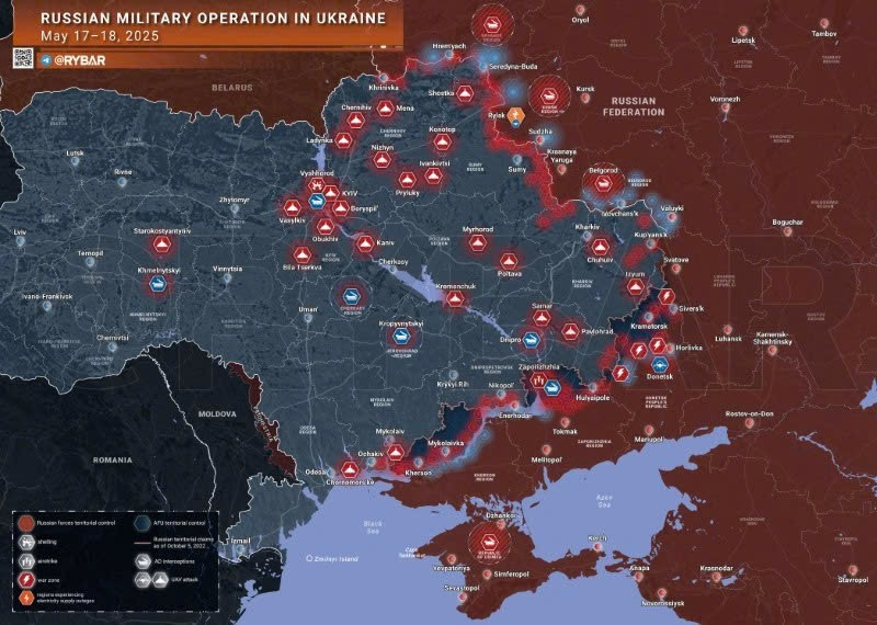 Bản đồ chiến sự Ukraine ngày 18/5/2025. (Ảnh: Rybar) xoa-so-20-xe-chien-dau-phao-m777-tap-kich-san-bay-quan-su.jpg