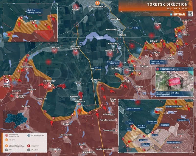 Bản đồ chiến sự Ukraine ngày 18/5/2025, hướng Toretsk. (Ảnh: Rybar) xoa-so-20-xe-chien-dau-phao-m777-tap-kich-san-bay-quan-su-2.jpg