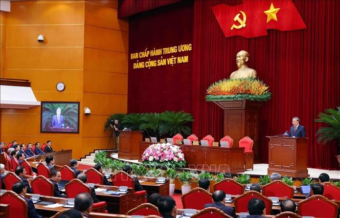 Tổng Bí thư Tô Lâm phát biểu bế mạc Hội nghị lần thứ mười hai Ban Chấp hành Trung ương Đảng khóa XIII. (Ảnh: Phạm Kiên/TTXVN) be-mac-hoi-nghi-lan-thu-12-ban-chap-hanh-trung-uong-dang-khoa-xiii-4.jpg