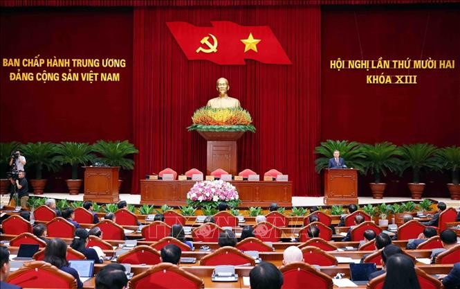 Tổng Bí thư Tô Lâm phát biểu bế mạc Hội nghị lần thứ 12 Ban Chấp hành Trung ương Đảng khóa XIII. (Ảnh: Phạm Kiên/TTXVN)