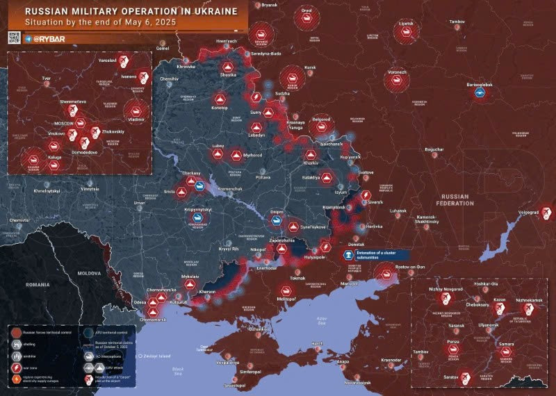 Bản đồ chiến sự Ukraine ngày 6/5/2025. (Ảnh: Rybar) xoa-so-2-tram-tac-chien-dien-tu-kvertus-va-he-thong-ra-pha-bom-min-ur-77.jpg