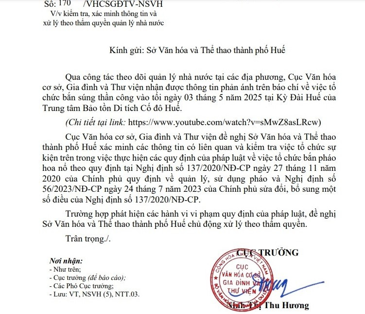 Công văn của Cục Văn hóa cơ sở, gia đình và thư viện (Bộ Văn hóa, Thể thao và Du lịch) yêu cầu Sở Văn hóa và Thể thao TP Huế kiểm tra, xác minh thông tin tổ chức bắn súng thần công trên Kỳ đài Huế. 2.jpg