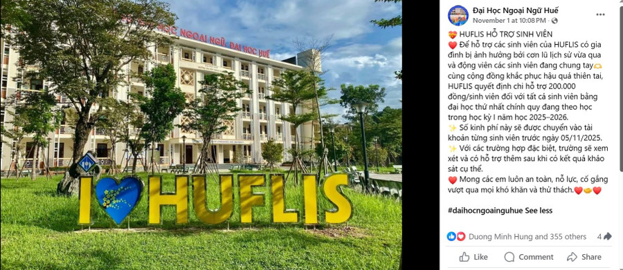 Thông báo hỗ trợ kinh phí cho sinh viên bị ảnh hưởng lũ lụt tại Trường Đại học Ngoại ngữ, Đại học Huế.