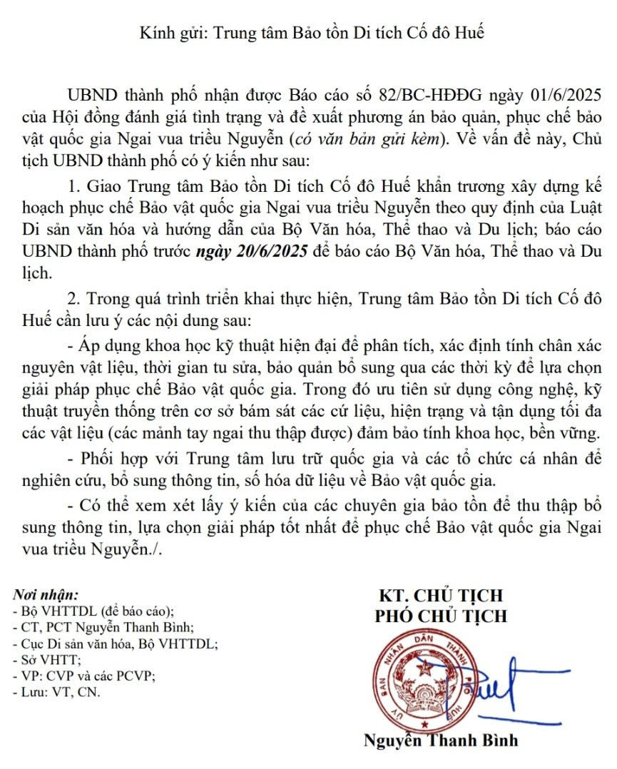 Công văn của UBND TP Huế gửi Trung tâm Bảo tồn Di tích Cố đô Huế về việc xây dựng kế hoạch phục chế Bảo vật quốc gia Ngai vua triều Nguyễn. z6686077397680-eafa82d9423f0973392f17a966846648.jpg