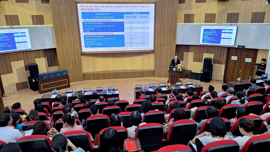 Lễ trao tặng máy huyết áp điện tử hỗ trợ quản lý tăng huyết áp tại cộng đồng cho tuyến y tế cơ sở. (Ảnh: Đại Dương)