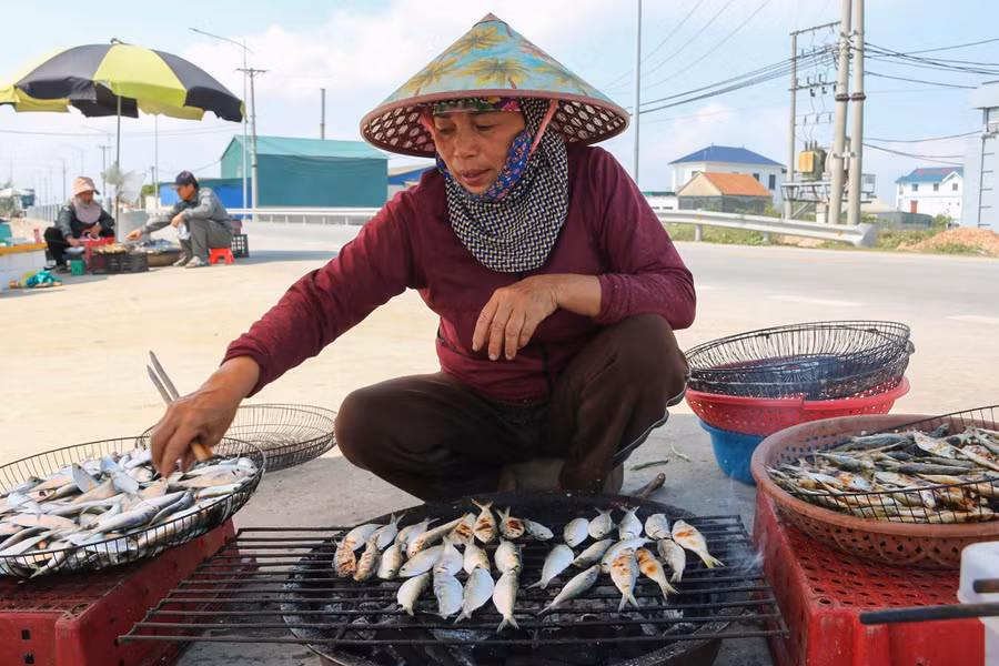 Người dân xã Hải Châu, Nghệ An nướng cá trích. (Ảnh: Phạm Tâm)