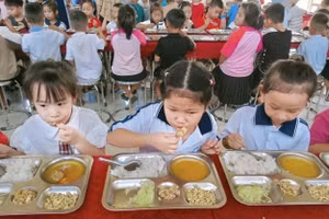 Suất ăn bán trú tại Trường Tiểu học Vũ Quang (xã Vũ Quang, Hà Tĩnh) nhận được nhiều lời khen từ cộng đồng mạng và các phụ huynh. Ảnh: Hồ Phương