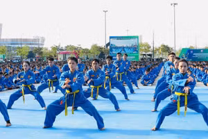 Học sinh TPHCM đồng diễn võ nhạc Vovinam nhằm xác lập kỷ lục kép Việt Nam và thế giới ngày 30/11. Ảnh: MA