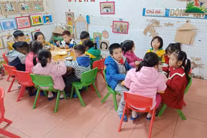 Trẻ tại Trường Mầm non Hải Đường (Hải Hậu, Nam Định) tới lớp những ngày rét không nhất thiết phải mặc áo đồng phục. Ảnh: TG 