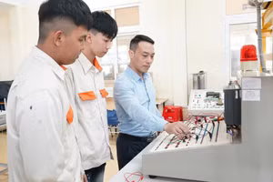 Sinh viên Trường Cao đẳng Nghề Hà Nam (Ninh Bình) trong giờ thực hành dưới sự hướng dẫn của giảng viên. Ảnh: Khôi Nguyên 